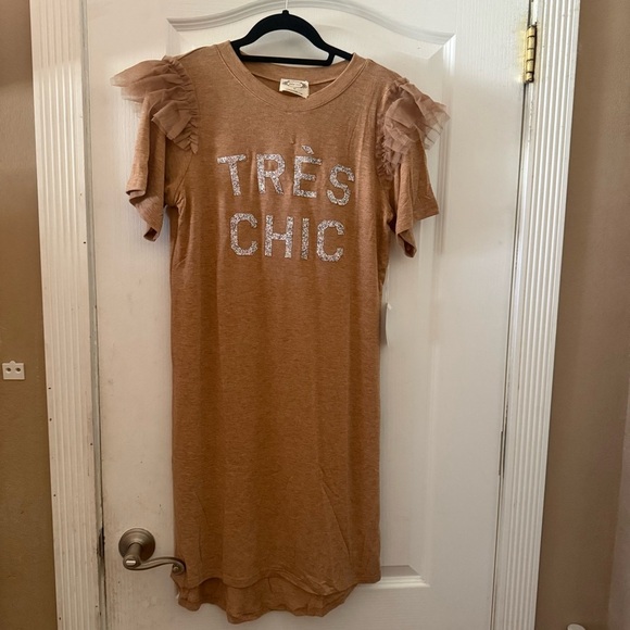 MIA JOY Tan 'Très Chic' Ruffle Sleeve Dress Size: 14 - Picture 1 of 10